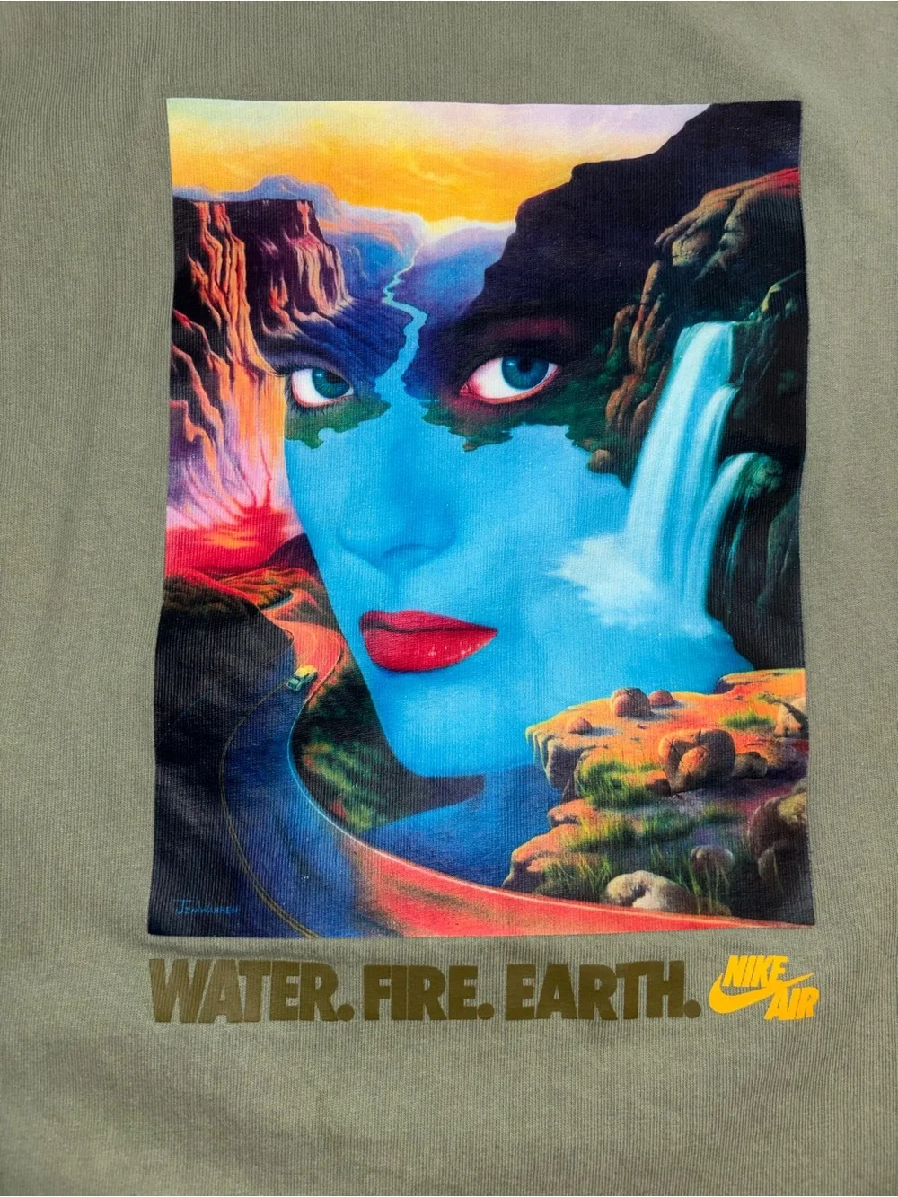 Nike Olive Green Short Sleeve Tee with Multicolor 'Water. Fire. Earth.' Graphic